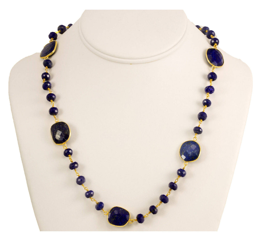Lapis Lazuli Blue Necklace Natural Faceted Spaced Link  Beaded 14k Gold Fill and Plate 24 Inches Simple Design Bezel Set Chain Pyrite flecks