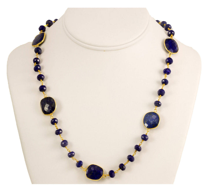 Lapis Lazuli Blue Necklace Natural Faceted Spaced Link  Beaded 14k Gold Fill and Plate 24 Inches Simple Design Bezel Set Chain Pyrite flecks