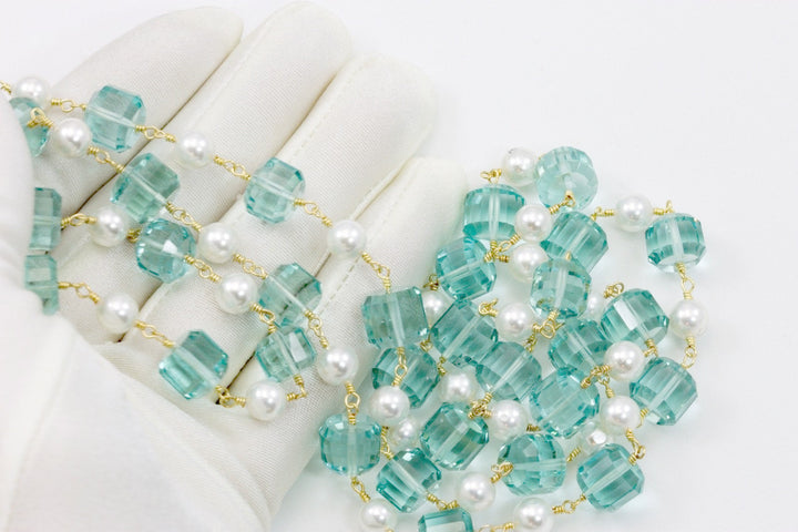Aquamarine and Pearl Necklace Simulated Stones Faceted Barrel Fancy Cut Beaded 14k Gold Fill and Plate 36 Inches Sparkly and Unique