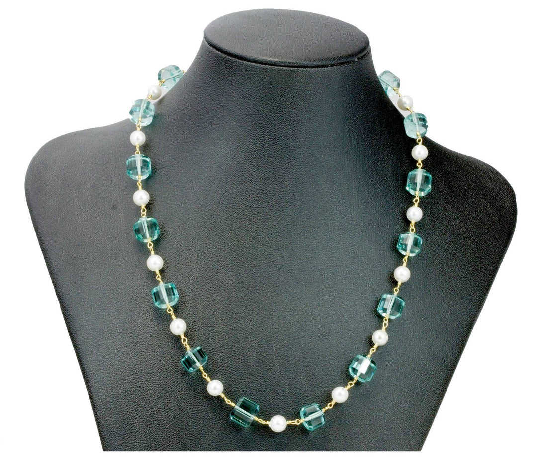 Aquamarine and Pearl Necklace Simulated Stones Faceted Barrel Fancy Cut Beaded 14k Gold Fill and Plate 36 Inches Sparkly and Unique