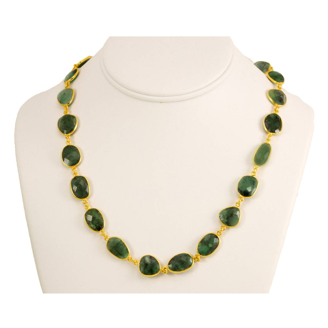 Green Emerald Necklace Bezel Set Stones Off Round Off Oval 24 Inch 14k Gold Filled and Plate Large Faceted Natural African Opaque Stones