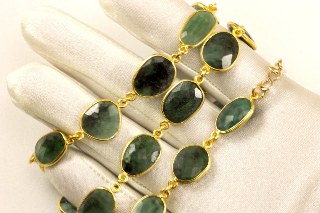 Green Emerald Necklace Bezel Set Stones Off Round Off Oval 24 Inch 14k Gold Filled and Plate Large Faceted Natural African Opaque Stones