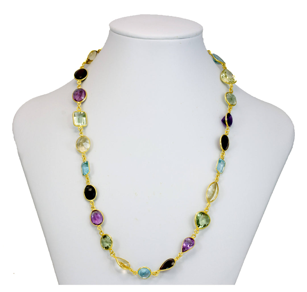 Multiple Gemstone Necklace Bezel Set Stones Off Round Off Oval 24 Inch 14k Gold Filled and Plate Large Faceted Amethyst Topaz Garnet Citrine