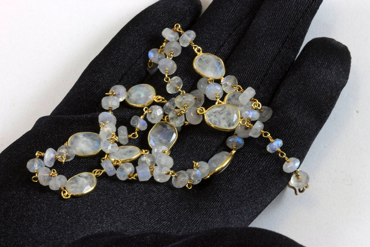 Moonstone Necklace Faceted Rainbow Blue Bezel and rondelles Set 14k Yellow Gold Fill and Plate 24 Inch Chain Linked  Large Classic Natural