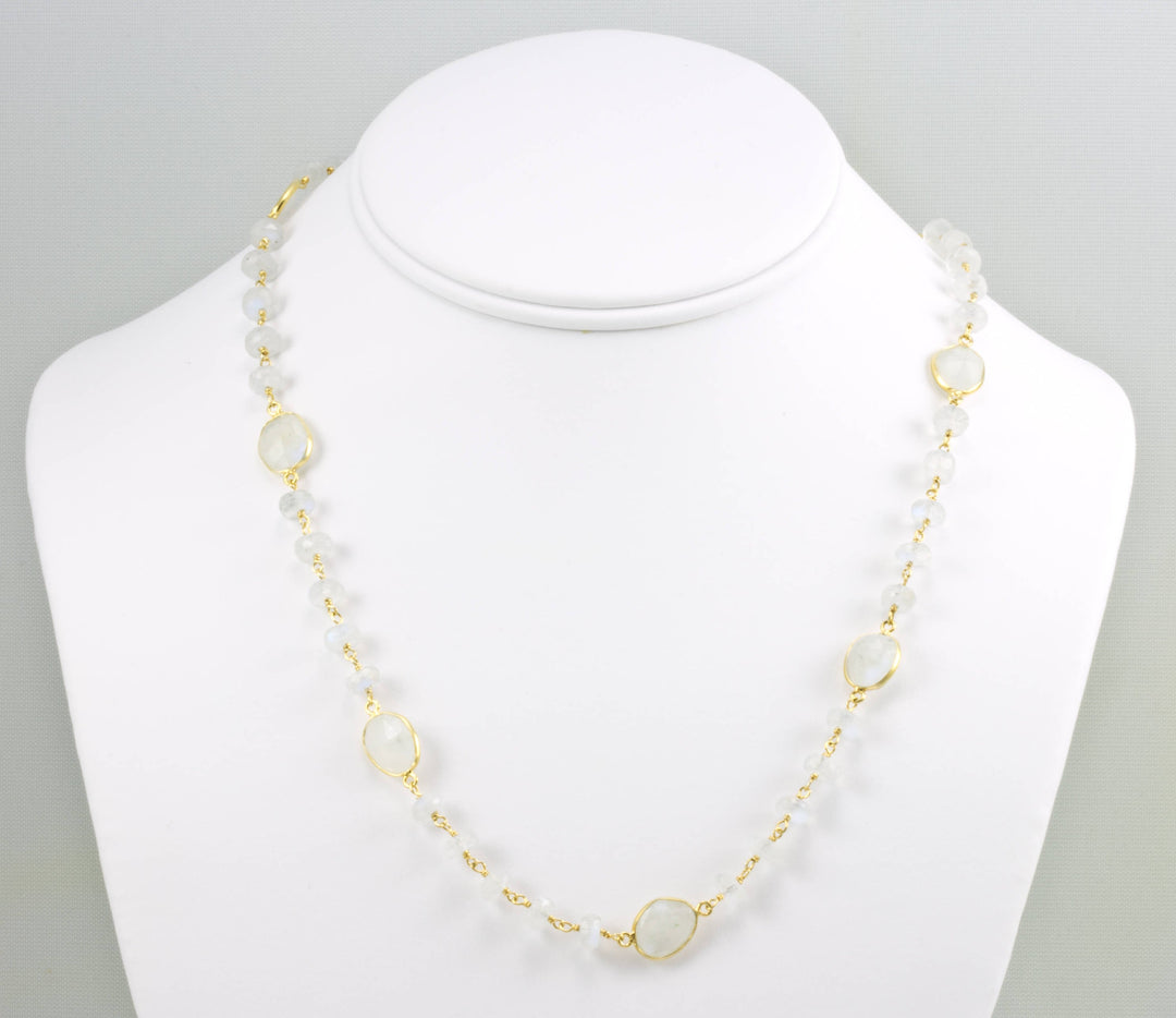 Moonstone Necklace Faceted Rainbow Blue Bezel and rondelles Set 14k Yellow Gold Fill and Plate 24 Inch Chain Linked  Large Classic Natural
