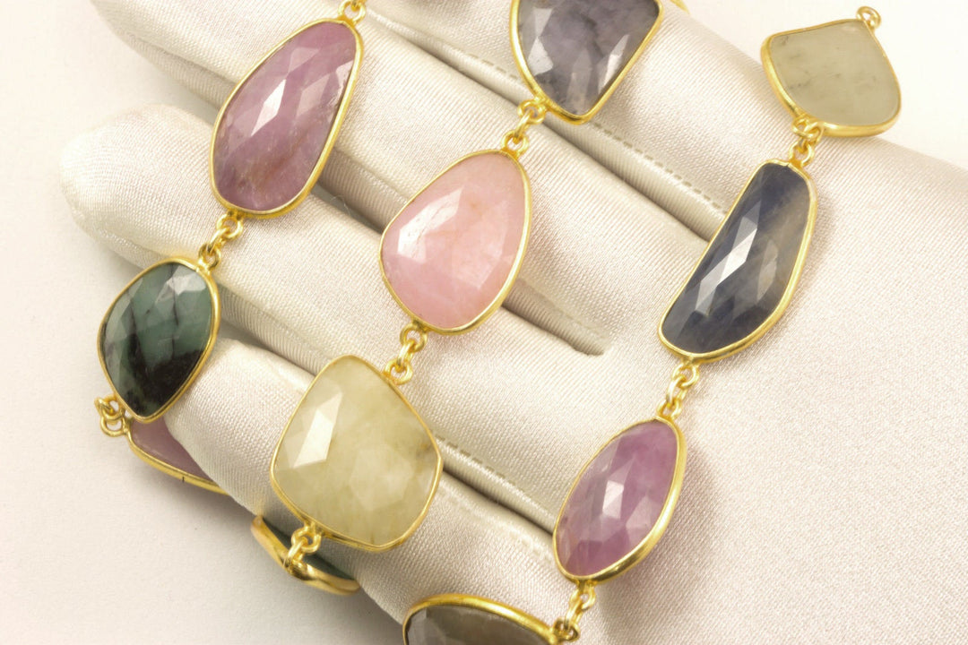 Sapphire Emerald Necklace Chain Link Faceted Raw Stones Multiple Colors 14k Gold Filled  Necklace 24 Inches Pink Blue Yellow Green