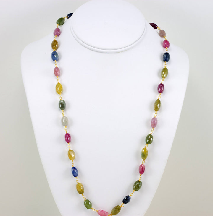 Raw Sapphire Necklace Chain Link Faceted Raw Stones Multiple Colors 14k Gold Filled  Necklace 24 Inches Pink Blue Yellow Green