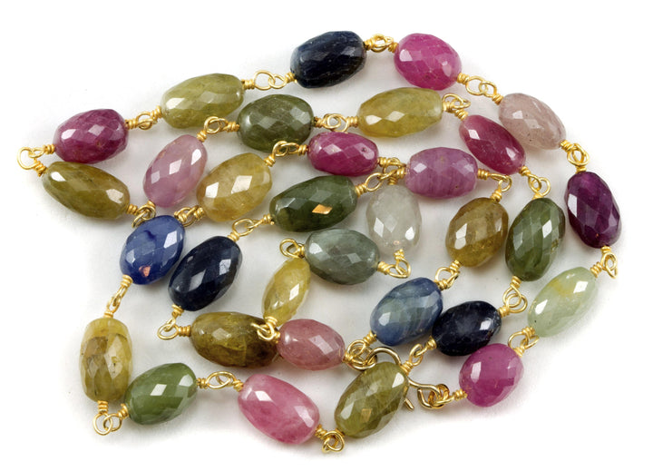 Raw Sapphire Necklace Chain Link Faceted Raw Stones Multiple Colors 14k Gold Filled  Necklace 24 Inches Pink Blue Yellow Green