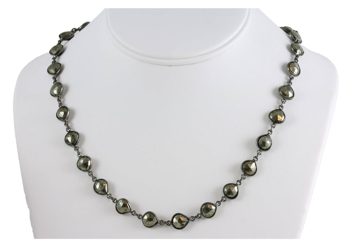 Iron Pyrite Necklace Chain Link Beaded Rhodium plate Oxidized Black Silver Faceted  24 Inch Natural Golden Bronze Color Bezel Setting