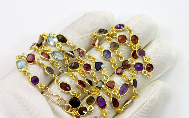 Multiple Gemstone Necklace Bezel Set Stones Off Round Off Oval 24 Inch 14k Gold Filled and Plate Large Faceted Amethyst Topaz Garnet