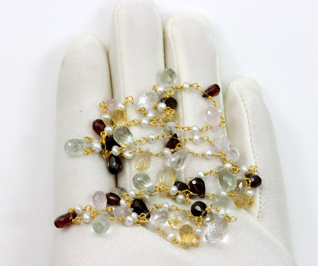 Multiple Gemstone Necklace Faceted Chain Link Briolettes 14k Gold Filled 24 Inch natural stone garnet lemon quartz green amethyst pearl