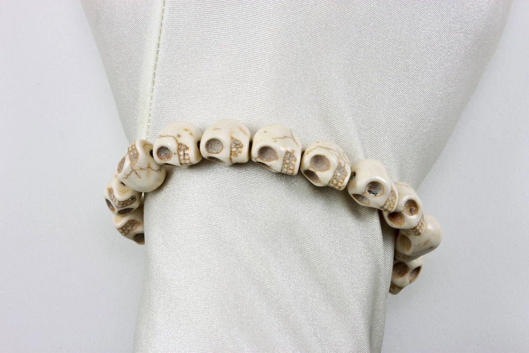 Skull Bracelet White Black Turquoise Blue Howlite Stone Skulls 7 8 Inch Man Men's Bracelet Stretchy Tibetan Mala Prayer Spyglass Designs - Spyglass Designs