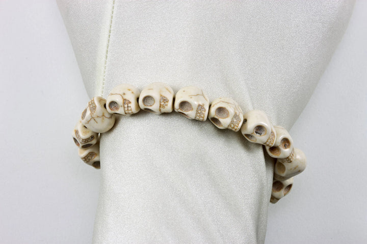 Skull Bracelet White Black Turquoise Blue Howlite Stone Skulls 7 8 Inch Man Men's Bracelet Stretchy Tibetan Mala Prayer Spyglass Designs - Spyglass Designs
