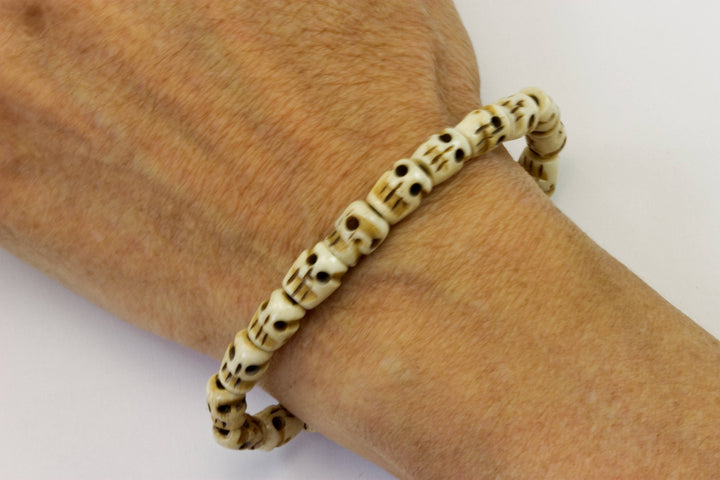 Skull Bracelet Carved Bone White Cream Or Brown  Bone Skulls 8 Inch Women Man Men's Bracelet Stretchy Tibetan Prayer Beads