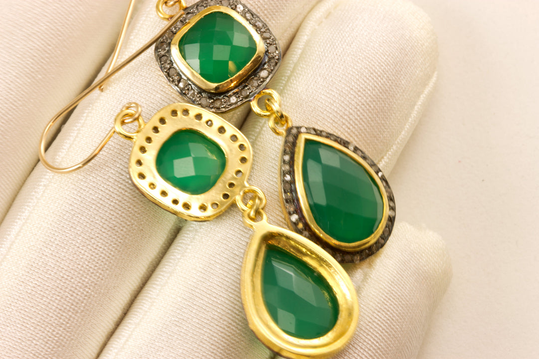 Green Onyx Earrings Double Hung Natural Pave Champagne Diamonds 14k Yellow Gold black Rhodium Plate 2 Inch Drops Round or Square Top Post