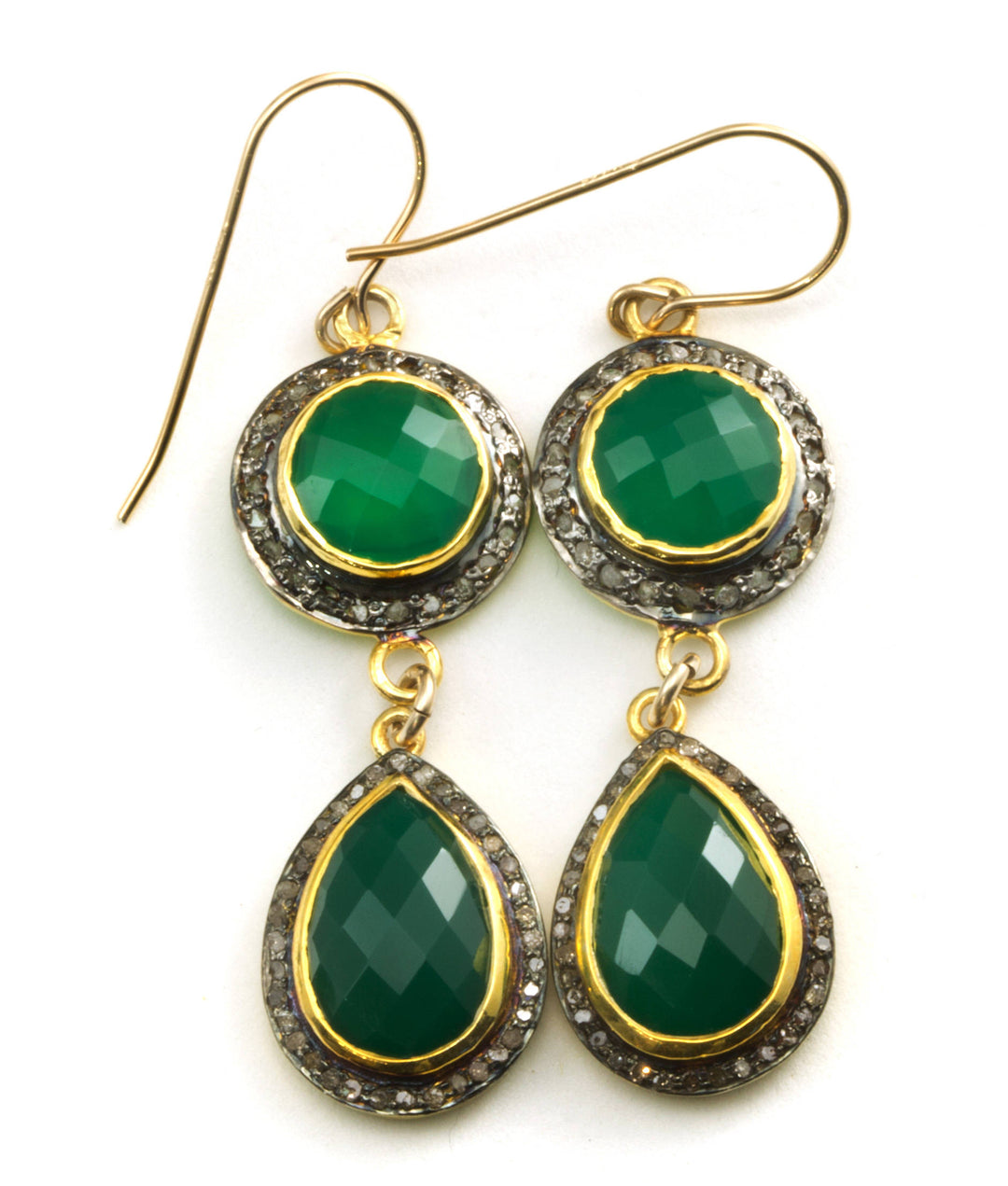 Green Onyx Earrings Double Hung Natural Pave Champagne Diamonds 14k Yellow Gold black Rhodium Plate 2 Inch Drops Round or Square Top Post