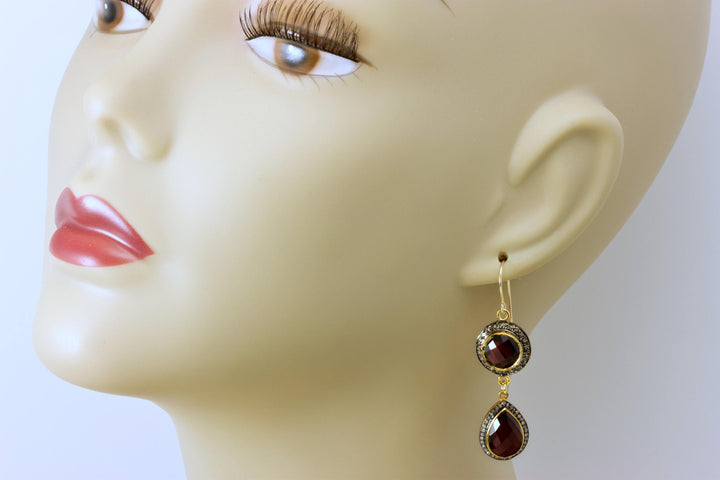Red Garnet Earrings Double Hung Natural Pave Champagne Diamonds 14k Yellow Gold and black Rhodium Plate 2 Inch Drops