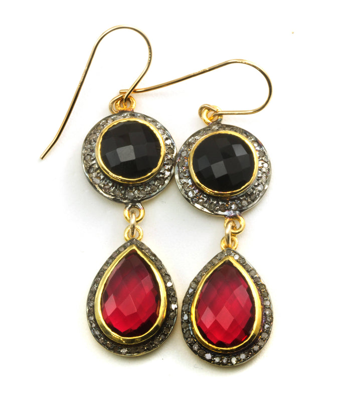 Pink Sim Sapphire Black Onyx Earrings Double Hung Natural Pave Champagne Diamonds 14k Yellow Gold and black Rhodium Plate  2 Inch Drops
