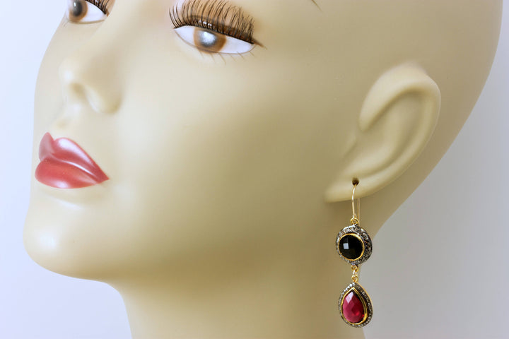 Pink Sim Sapphire Black Onyx Earrings Double Hung Natural Pave Champagne Diamonds 14k Yellow Gold and black Rhodium Plate  2 Inch Drops