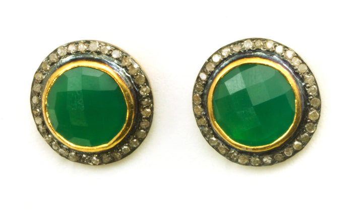 Green Onyx Earrings  Natural Pave Champagne Diamonds 14k Yellow Gold over Sterling Silver black Rhodium Plate Round Post Stud Style