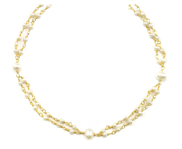 White Pearl Necklace 14k Gold Filled Spaced Double Strand 36 Inch Chain Link Freshwater Cultured Pearls Dainty Delicate Daily Wear