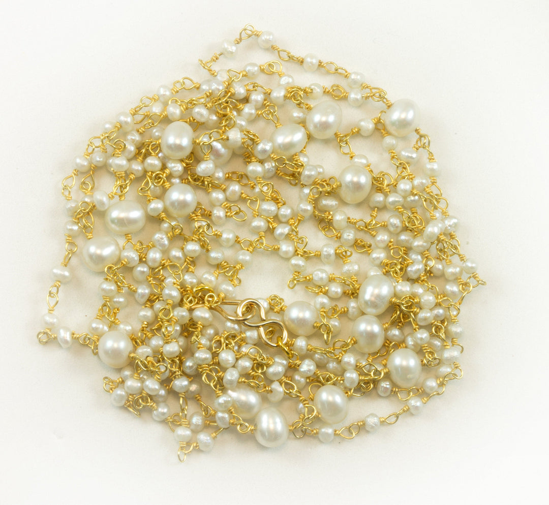 White Pearl Necklace 14k Gold Filled Spaced Double Strand 36 Inch Chain Link Freshwater Cultured Pearls Dainty Delicate Daily Wear