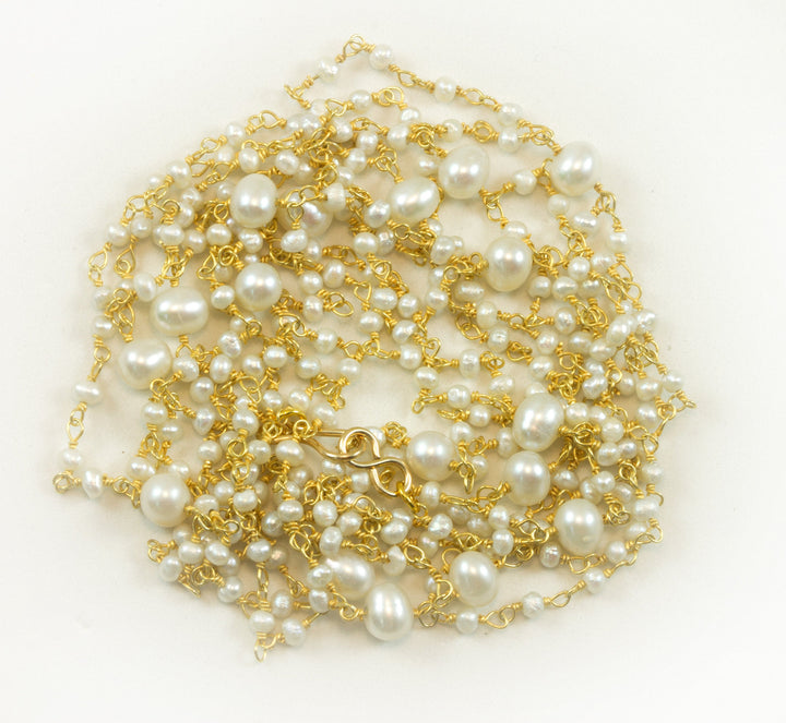 White Pearl Necklace 14k Gold Filled Spaced Double Strand 36 Inch Chain Link Freshwater Cultured Pearls Dainty Delicate Daily Wear