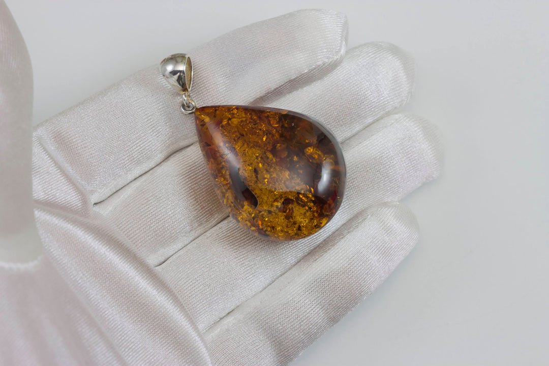 Honey Amber Pendant Baltic Natural Large  Puffed Teardrop Shape Sterling Silver Bail Spyglass Designs Unique Cut Long  Classic Simple
