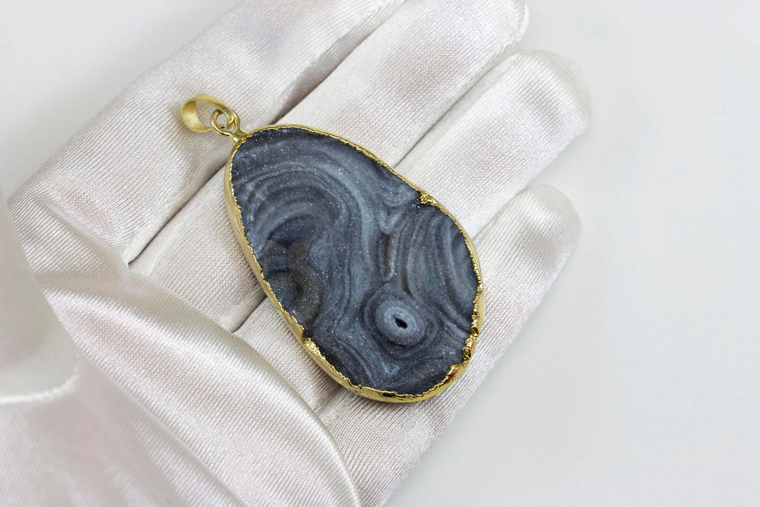 Drusy Necklace Pendant Golden plate  Large Gray mushroom Druzy Large Grey Natural  Stone Swirls Spyglass Designs 2.4 Inches Earthy Simple