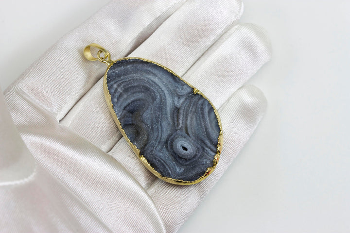 Drusy Necklace Pendant Golden plate  Large Gray mushroom Druzy Large Grey Natural  Stone Swirls Spyglass Designs 2.4 Inches Earthy Simple
