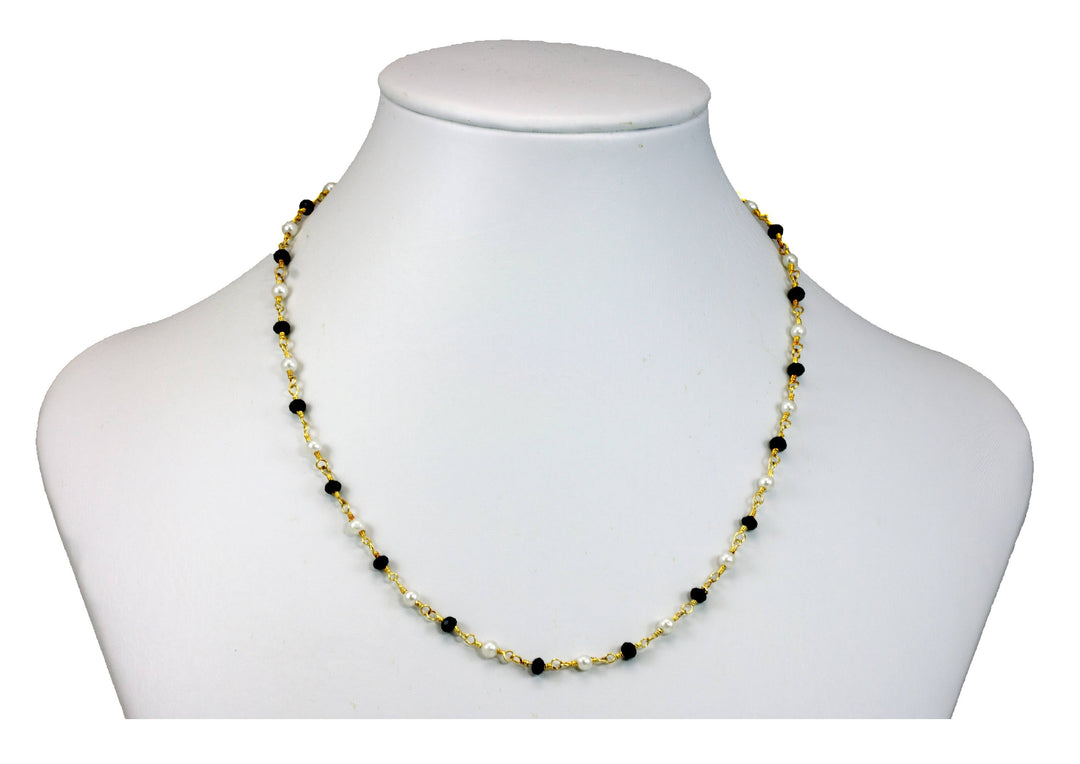 Simulated London Blue Topaz or Black Spinel Small Pearl Necklace Spaced Chain Link Crystal Faceted 14k Gold Fill and Plate 18 19 Inches