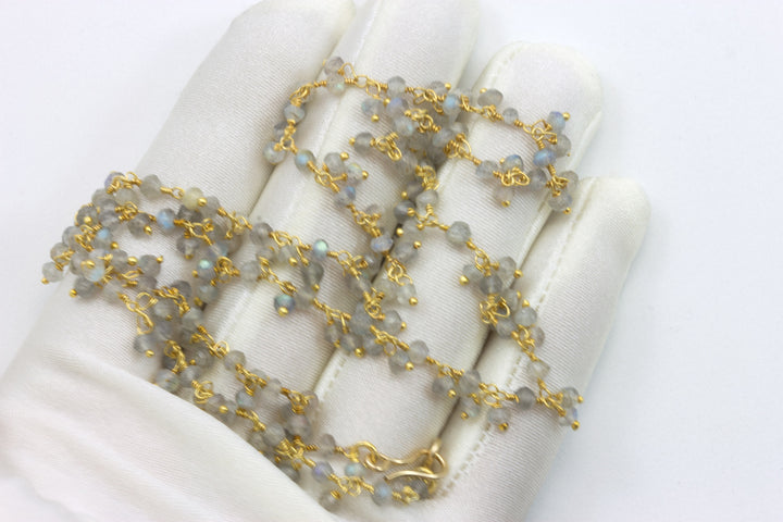 Labradorite Necklace 14k Gold Fill Dense Cluster Style  Faceted Chain Link 18 19 Inches Dainty Chain Flashes Blue Beaded Wired Chain