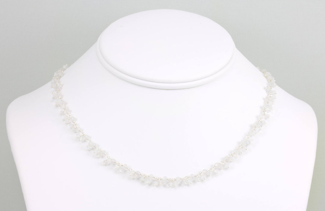 Moonstone Necklace Rainbow Blue White  14k Gold Filled or Sterling Silver Cluster Style Chain Link Faceted  18 19 Inches Simple Dainty