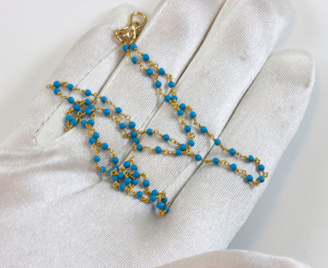 Turquoise Necklace Dark Blue Tiny Beaded Chain Link Smooth 14k Gold Fill  18 19 Inch Round Stones Dainty Delicate Small Design