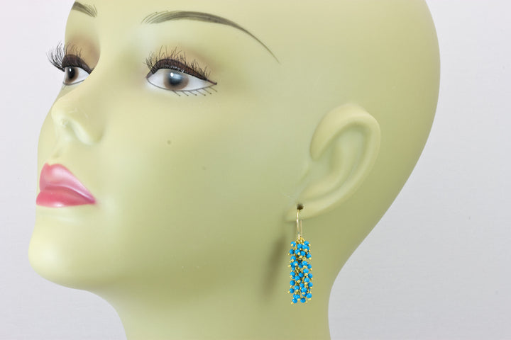 Blue Turquoise Earrings Long Dangles Smooth Rounded Stones Cluster Style 14k Solid Gold or Filled Drops Simple Contemporary Design 2 Inch