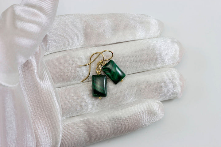 Malachite Earrings Green rectangle shaped smooth Natural Dangle Drops Sterling Silver or 14k Solid Gold or Filled small dainty simple design