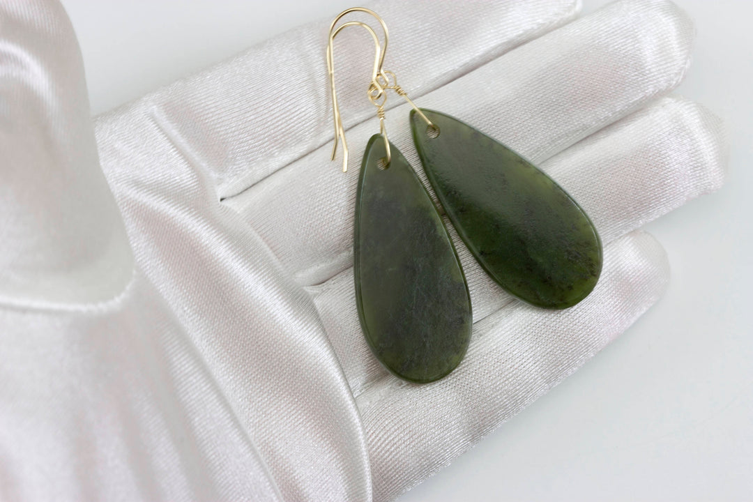 Green Jade Earrings Natural Nephrite Smooth Large Teardrop 14k gold  or filled or Sterling Silver Simple Classic Cut thin Drops Long Real