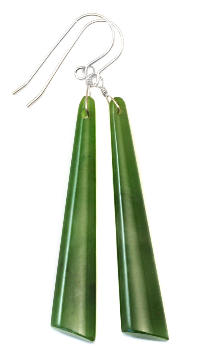 Green Jade Earrings Natural Nephrite Smooth Long Skinny 14k solid gold or filled or Sterling Silver Simple Contemporary thin Drops Long 2.7"