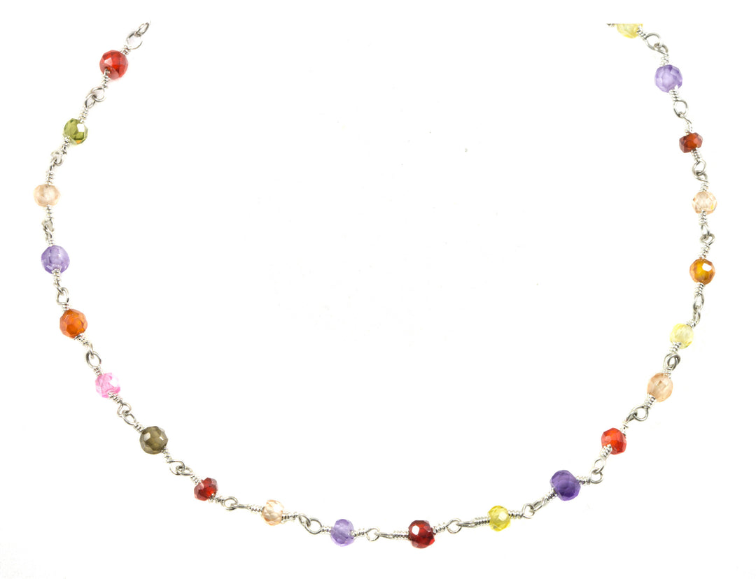 CZ Necklace Sterling Silver or Black Oxidized Chain Link Faceted  18 19 Inches Multicolors  Multi Colors Cubic Zirconia