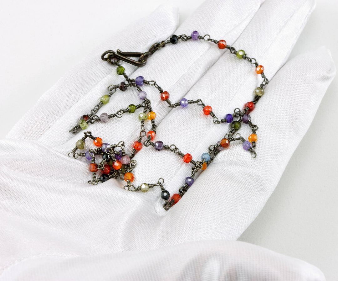 CZ Necklace Sterling Silver or Black Oxidized Chain Link Faceted  18 19 Inches Multicolors  Multi Colors Cubic Zirconia