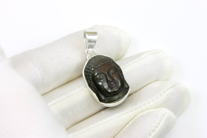 Buddha Pendant Necklace  Sterling Silver Simple Small Carved Head Obsidian Black Stone Bezel Set Men's Man Women