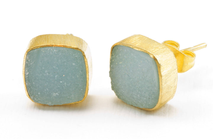 Aqua Blue Drusy Earrings 14k Gold Plate Post Studs Earrings Bezel Set Teardrop Shape Brushed Gold Finish Classic Simple Daily  Square Cut