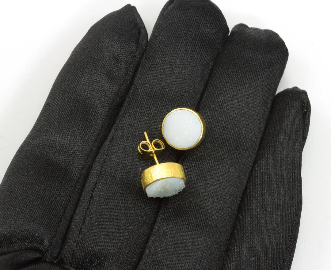 White Drusy Earrings Gold Post Studs Earrings Bezel Set Teardrop Shape Brushed Gold Finish Classic Simple Daily Wear Round Stones