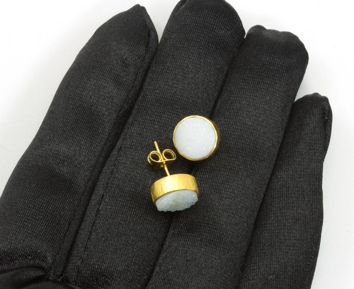 White Drusy Earrings Gold Post Studs Earrings Bezel Set Teardrop Shape Brushed Gold Finish Classic Simple Daily Wear Round Stones