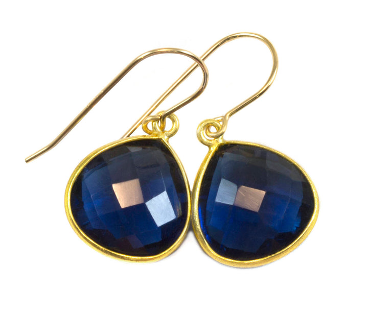 Sapphire Blue Earrings Faceted Simulated Sapphire Heart Teardrop Drop 14k Solid Gold or Filled or Sterling Silver Bezel Classic Simple