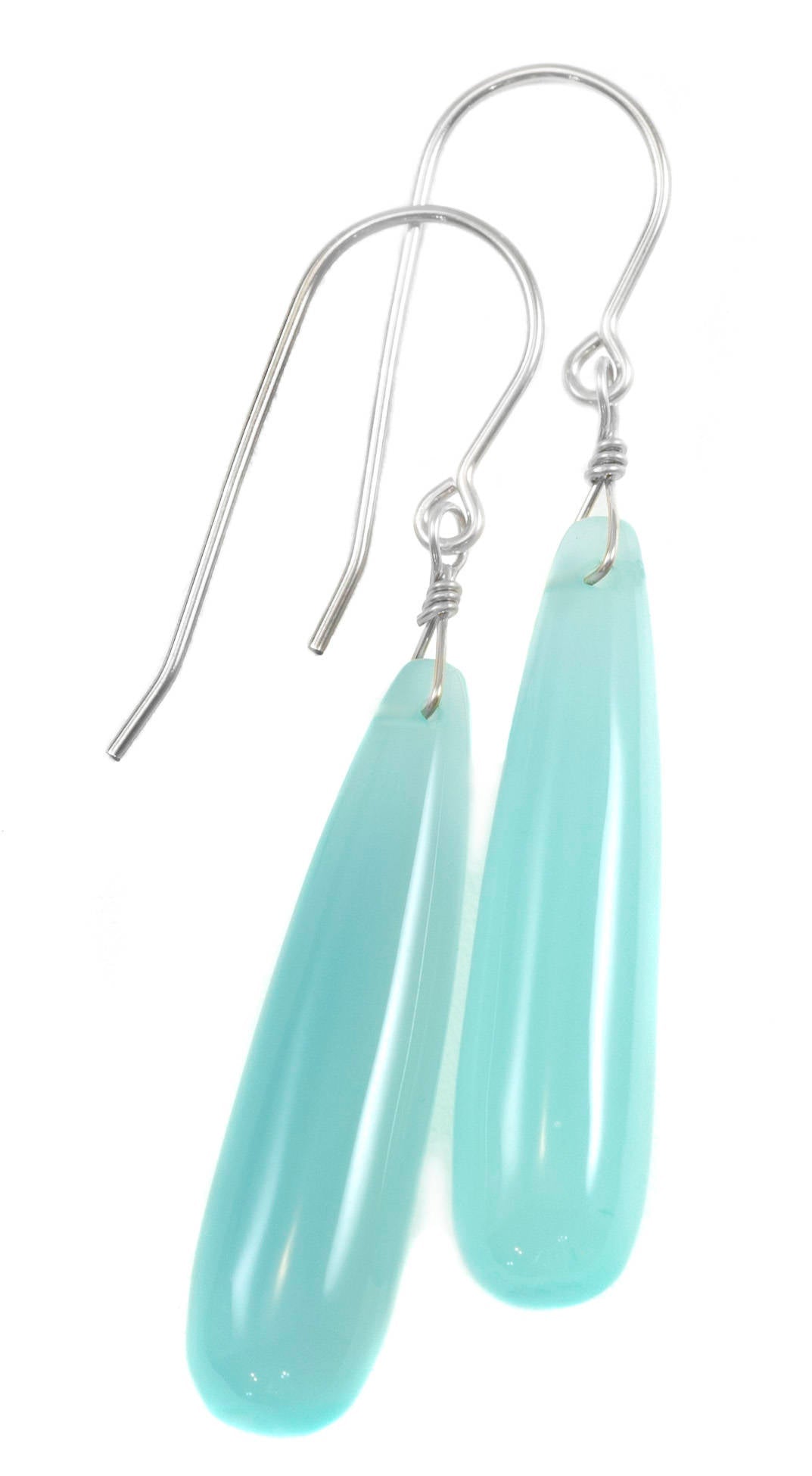 Aqua Blue Chalcedony Earrings Long Teardrop Shaped Smooth 14k Solid Gold or Filled or Sterling Silver Skinny Pale Soft Blue Natural Narrow 2