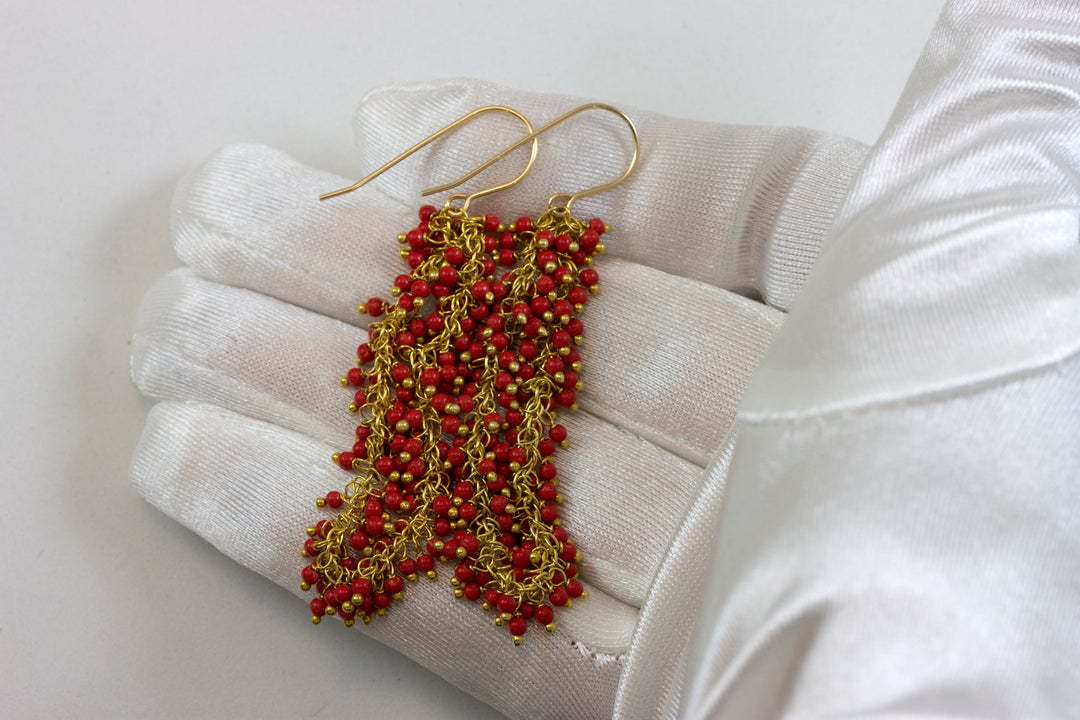 Red Coral Earrings Round Smooth Simulated Drops 14k Gold Filled Cluster Style Long round drop beaded accents simple 2.4 Inches