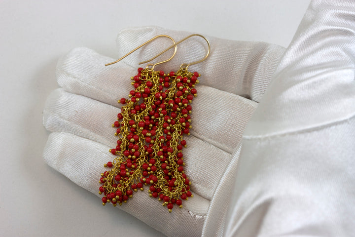 Red Coral Earrings Round Smooth Simulated Drops 14k Gold Filled Cluster Style Long round drop beaded accents simple 2.4 Inches