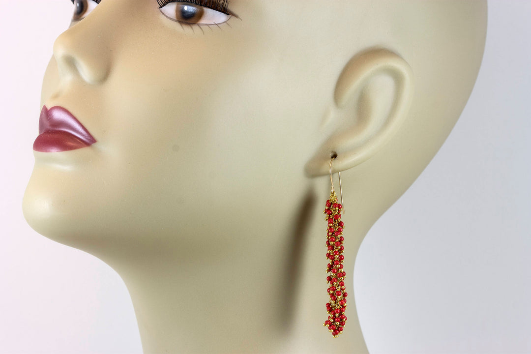 Red Coral Earrings Round Smooth Simulated Drops 14k Gold Filled Cluster Style Long round drop beaded accents simple 2.4 Inches