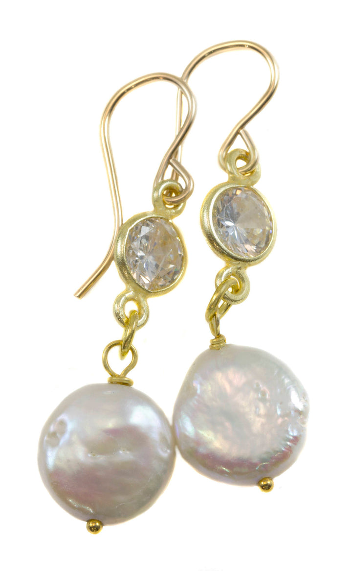 Pearl Earrings 14k solid gold or filled Bezel Set Cubic Zirconia CZ Double Hung Freshwater White Pearls  Drop Everyday Spyglass Designs